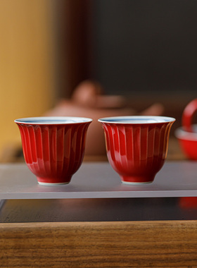 三点水手绘双线茶杯中式陶瓷主人杯竖纹杯红色功夫茶具家用品茗杯