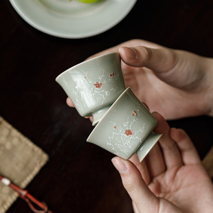 三点水蕉月色拉花浥尘杯陶瓷高足小号主人杯家用品茗杯子功夫茶具