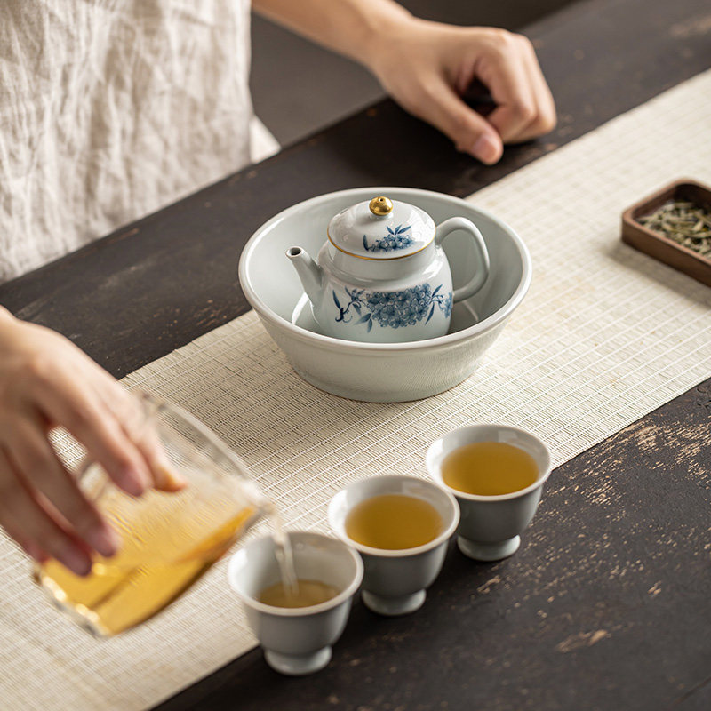 三点水复古手绘绣球花泡茶壶