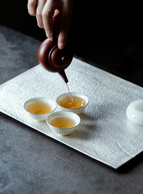 三点水鎏银白色海浪长方盘壶承高档复古壶托干泡盘茶托盘茶道配件