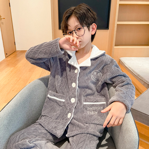 秋冬男童提花法兰绒睡衣开衫儿童中大童冬款加绒珊瑚绒家居服外穿