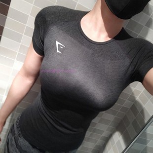 舒适 T恤 紧身性感鲨鱼运动纯色紧身弹力显瘦速干显胸透气短袖