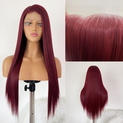酒红长直发假发女长发手钩前蕾丝