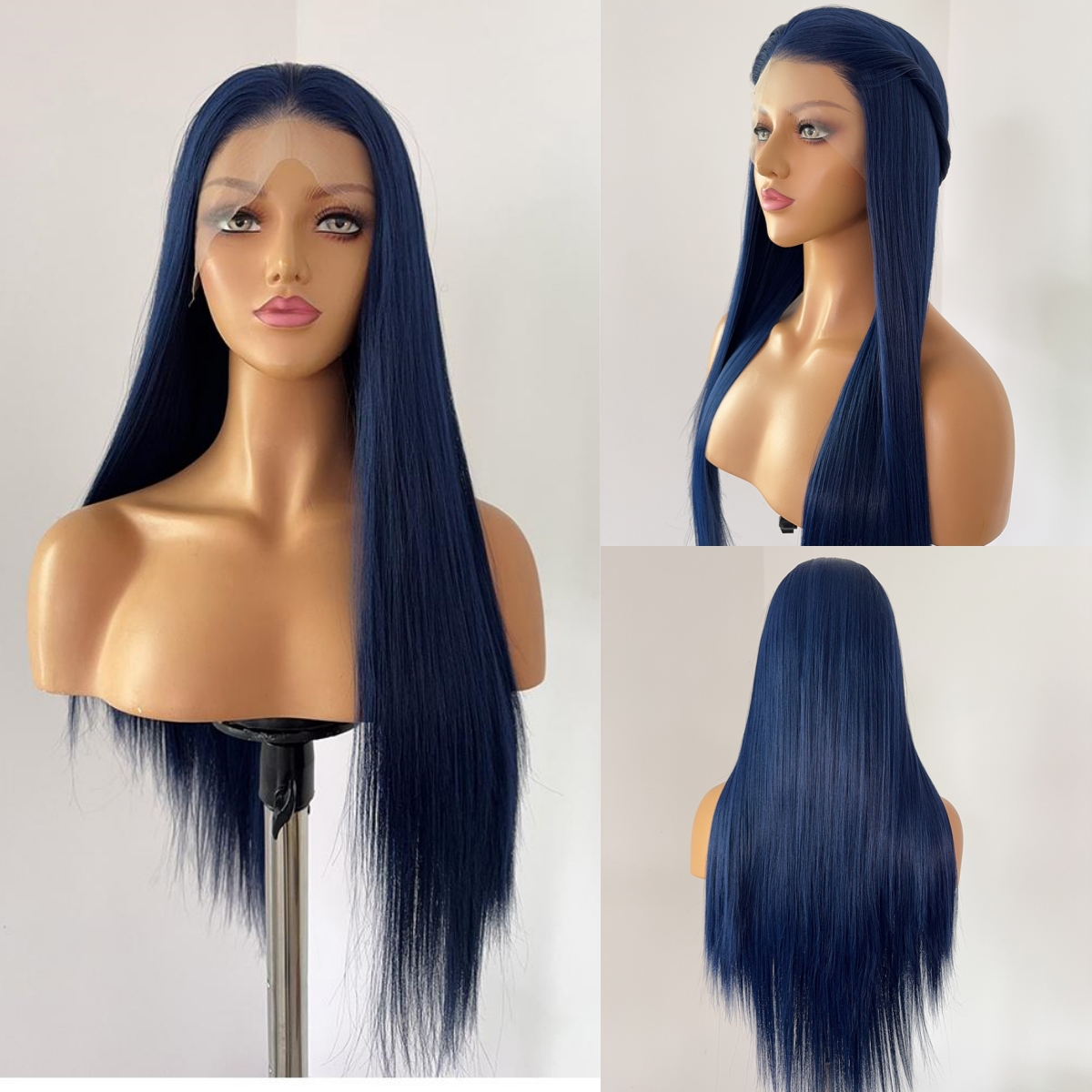 墨蓝色手钩前蕾丝假发头套可拉卷