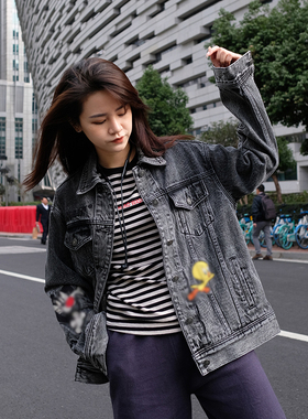亏本清仓复古牛仔外套女春季新款黑灰色刺绣趣味宽松休闲百搭上衣