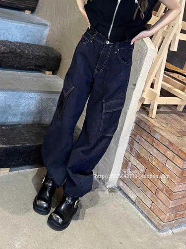 bobo1972美式复古高腰多口袋直筒工装风牛仔裤女秋季休闲阔腿长裤
