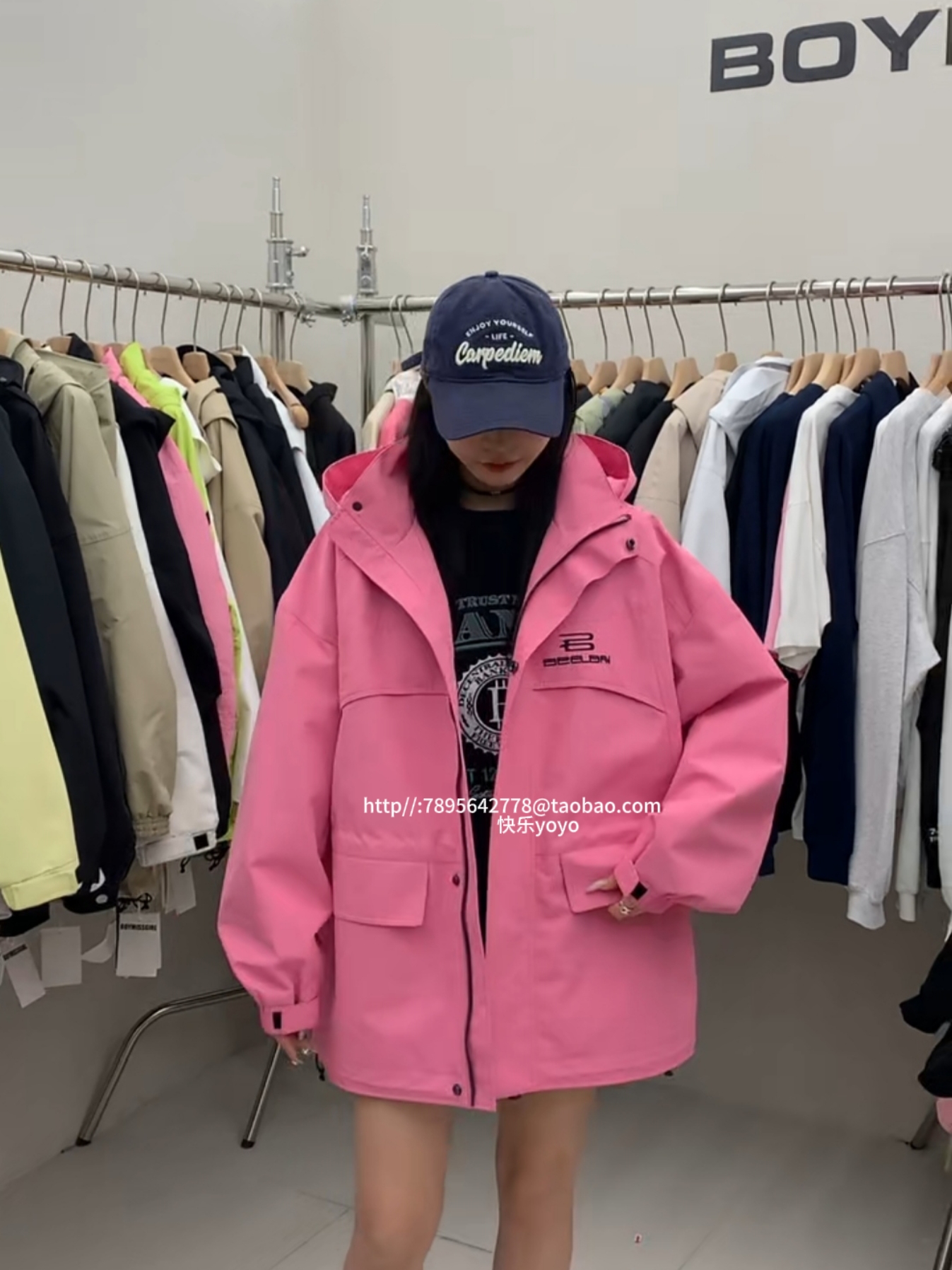 boymissgril欧货连帽冲锋衣女春季新品刺绣中长款外套风衣