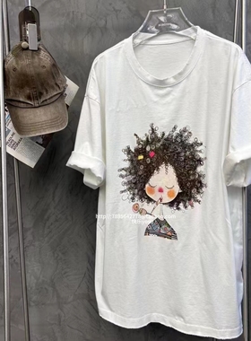 bobo1972多巴胺可爱搞怪小女孩印花圆领短袖T恤女宽松休闲上衣潮