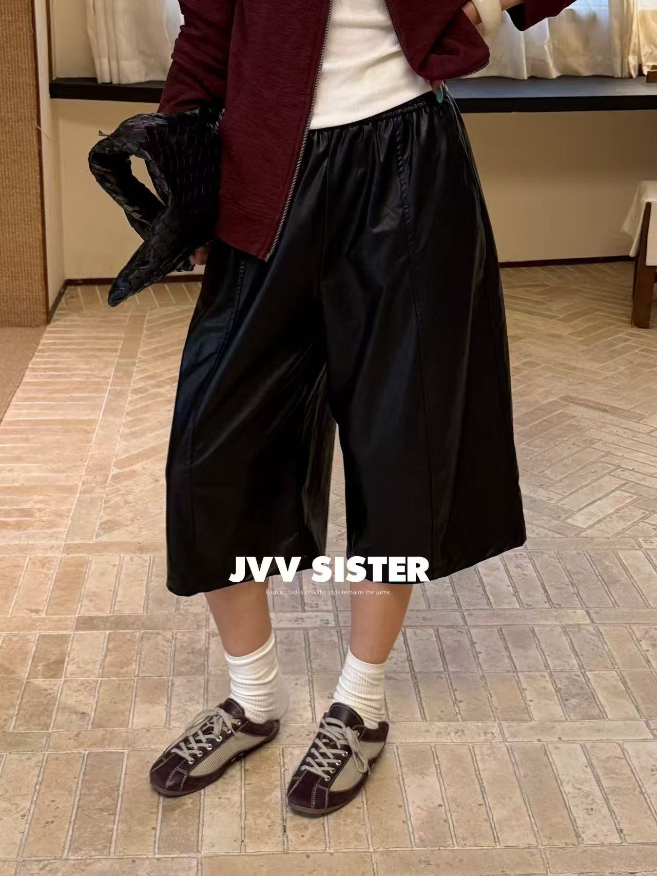 JVVSISTER韩版宽松休闲显瘦五分阔腿裤女2026秋冬新款皮裤女72906