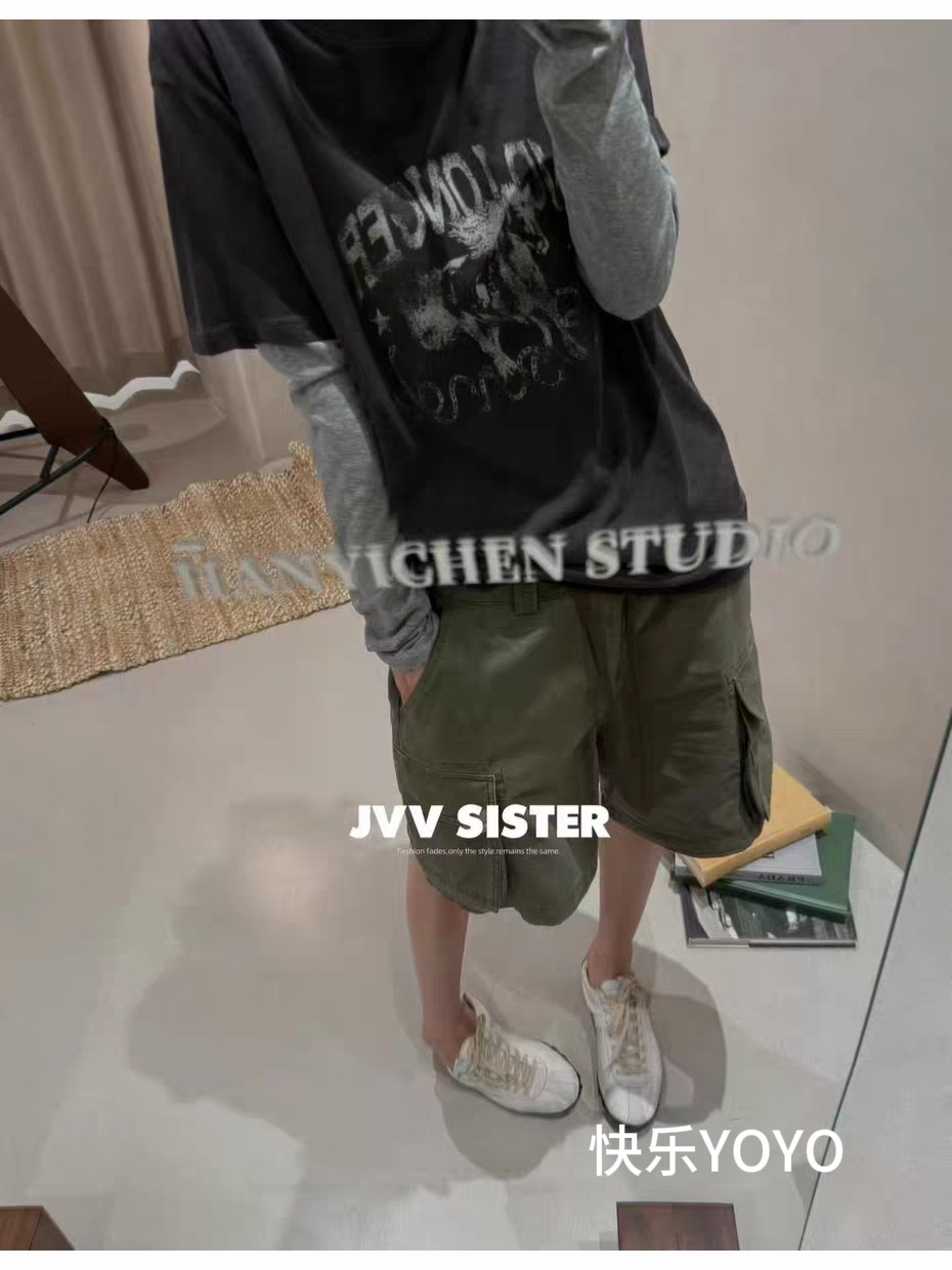 JVVSISTER军绿水洗做旧工装五分牛仔短裤女休闲宽松a字阔腿中裤子