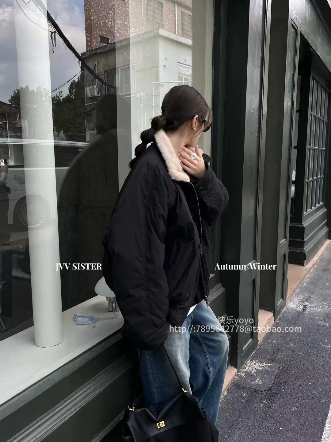 JVV SISTER美式复古毛领白鸭绒飞行员羽绒服女冬宽松加厚夹克外套