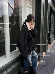 JVV 复古毛领白鸭绒飞行员羽绒服女冬宽松加厚夹克外套 SISTER美式