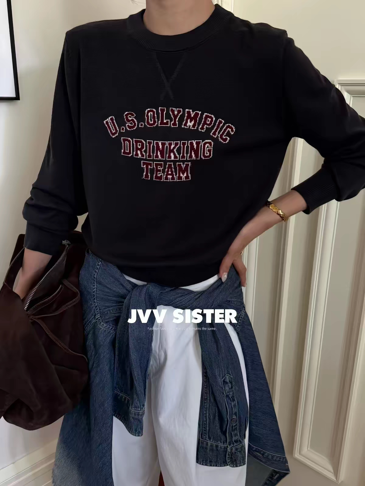 JVVsister2026季新款美式复古字提花长袖女上衣百搭针织衫