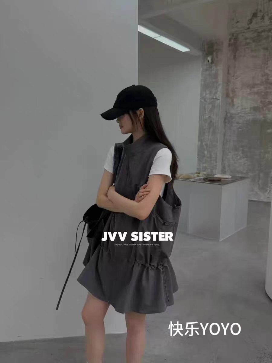 JVVSISTER夏季新款无袖立领拉链工装连衣裙女宽松显瘦抽绳娃娃裙