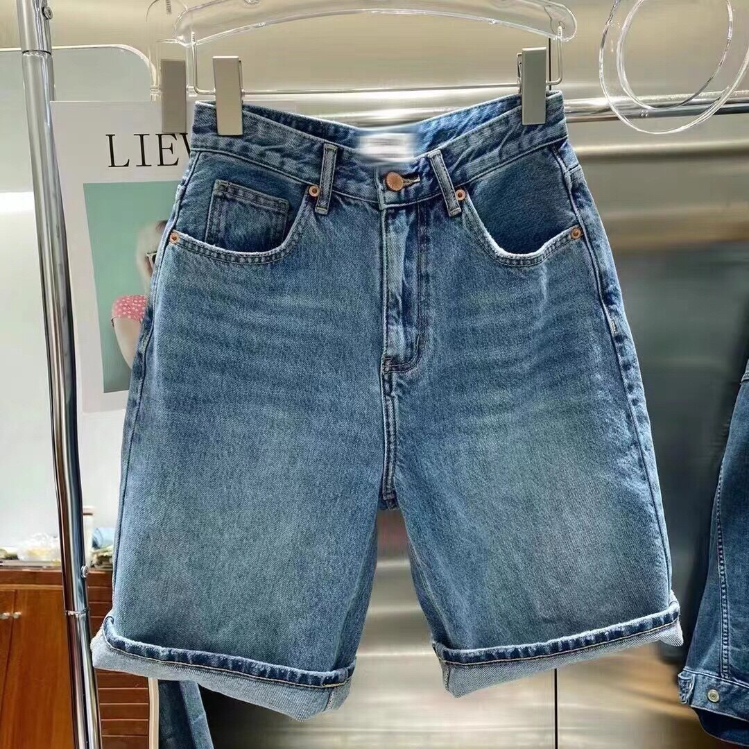 欧货浅兰色牛仔五分裤女夏季经典蓝色复古卷边百搭短裤阔腿裤