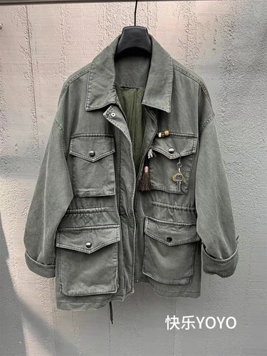 欧货bobo1972秋装新品勋章军绿色重工水洗做旧慵懒感落肩工装外套