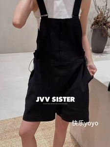 JVVSISTER夏季新款抽绳宽松黑色背带裤女显瘦减龄休闲阔腿连体裤