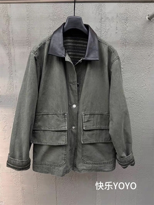 欧货BOBO1972秋装新品重工洗水做旧复合条纹撞色里翻领工装外套