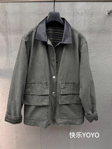 欧货BOBO1972秋装新品重工洗水做旧复合条纹撞色里翻领工装外套