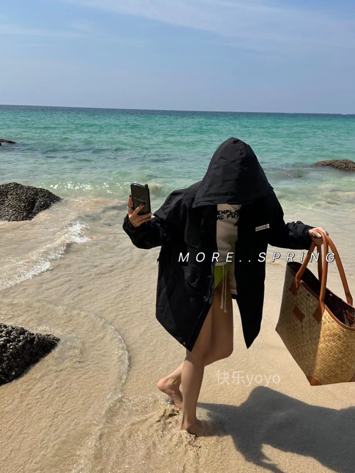 欧货more新款女装宽松风衣女刺绣字母秋季连帽外套工装冲锋衣