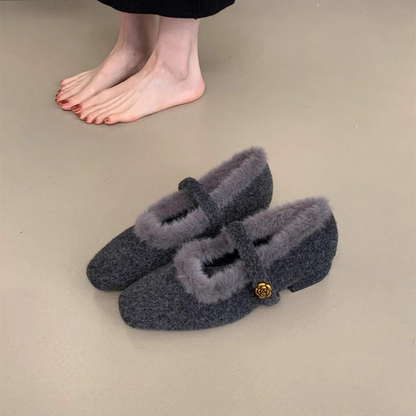 巨好看粗跟高跟毛毛鞋灰色毛呢玛丽珍棉鞋女2025新款冬季晚晚鞋子,女鞋,玛丽珍鞋,淘宝优惠券,粉丝福利购,淘宝优惠卷