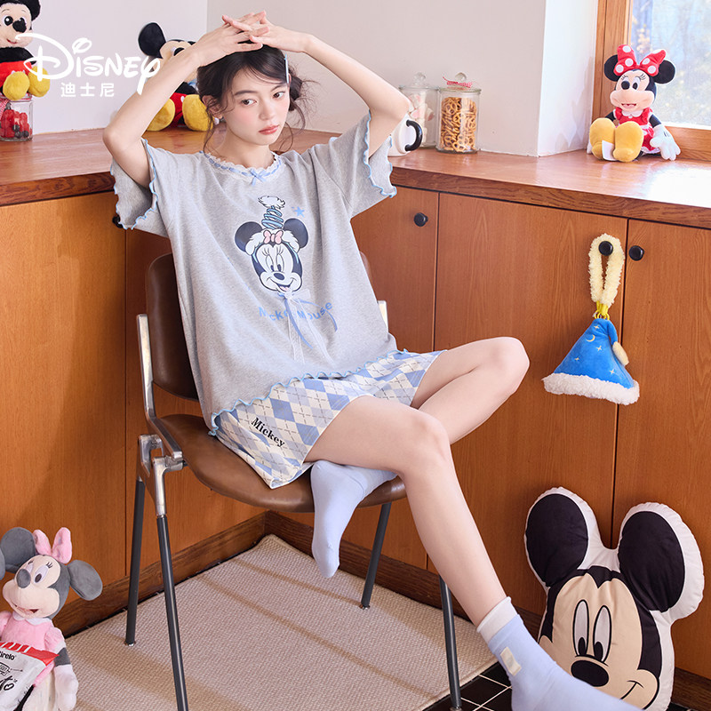 Disney/迪士尼夏季纯棉新款短袖短女裤带胸垫卡通简约家居服0335