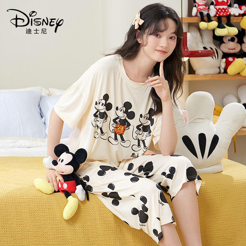 Disney/迪士尼套头短袖七分裤睡衣带胸垫凉感冰丝舒适家居服0068
