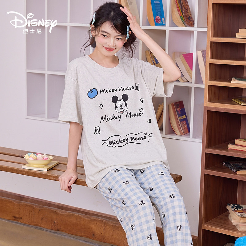 Disney迪士尼夏季短袖长裤纯棉带胸垫卡通动漫大码舒适家居服0524