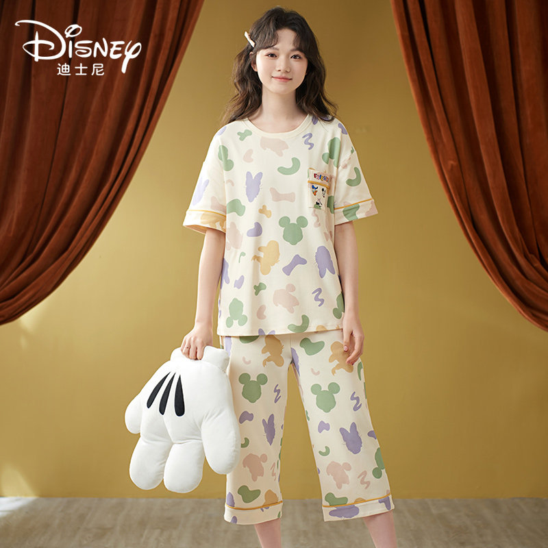 Disney/迪士尼女生新款套头短袖七分裤睡衣带胸垫休闲家居服0031