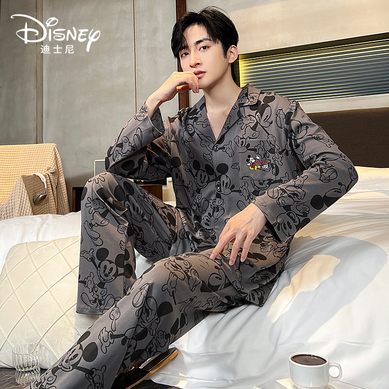 Disney/迪士尼开衫情侣睡衣纯棉米奇舒适休闲家居服套装0089男款