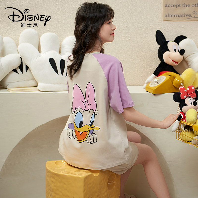 Disney迪士尼夏季女生套头纯棉短袖短裤睡衣带胸垫休闲家居服0027