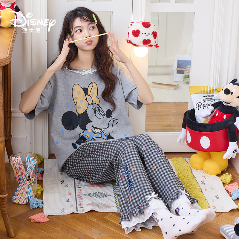Disney迪士尼春夏圆领短袖长裤纯棉带胸垫学生外穿舒适家居服0294