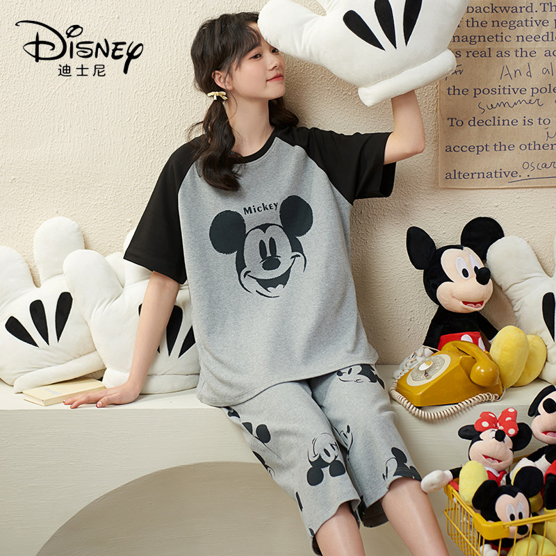 Disney/迪士尼新款套头短袖七分裤睡衣可爱带胸垫休闲家居服0006