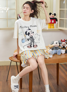 Disney迪士尼夏季新款套头短袖短裤纯棉带胸垫卡通舒适家居服0281