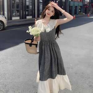 法式名媛风气质蕾丝边格子连衣裙女夏季无袖海边旅游度假风长裙子