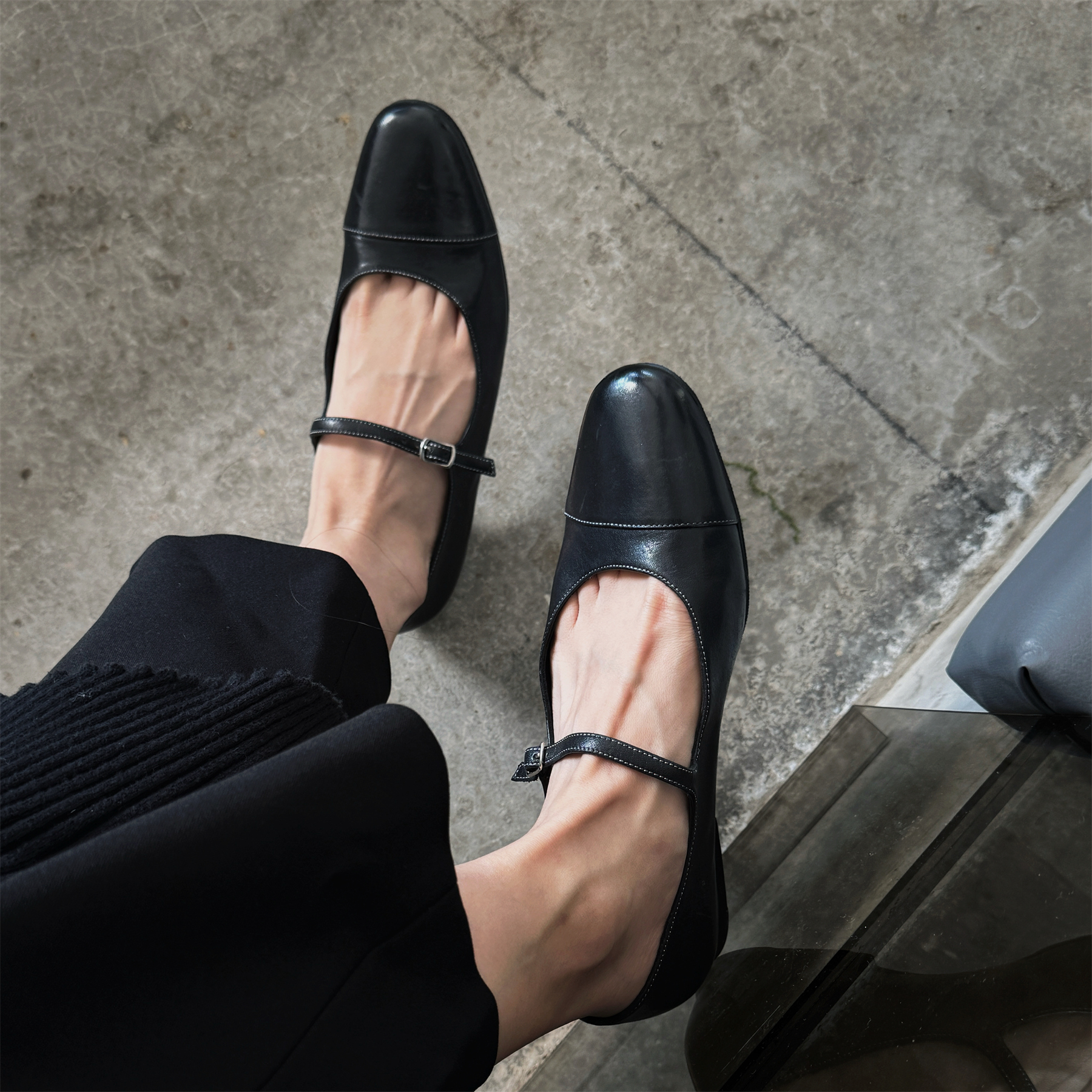 CZCAICAI 原创小香风法式一字带玛丽珍黑色马皮浅口气质单鞋女