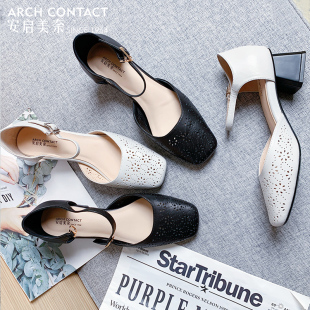 镂空复古一字带中跟玛丽珍鞋 新款 女粗跟2021夏季 安启美奈包头凉鞋