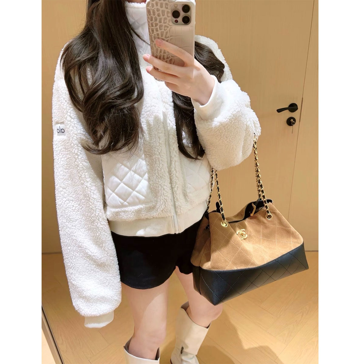 alo老钱风羊糕毛立领短外套女