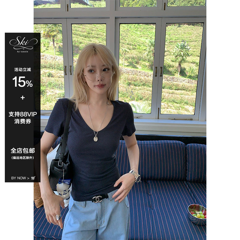 ski by Tannin赤兔全员自留!十字捏褶天丝亚麻百搭显瘦V领T恤女夏 - 实物图