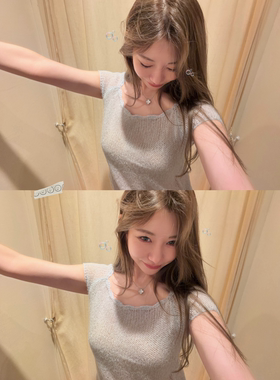 ski by Tannin赤兔铃兰花边显瘦休闲小方领马海毛镂空短袖tee女夏