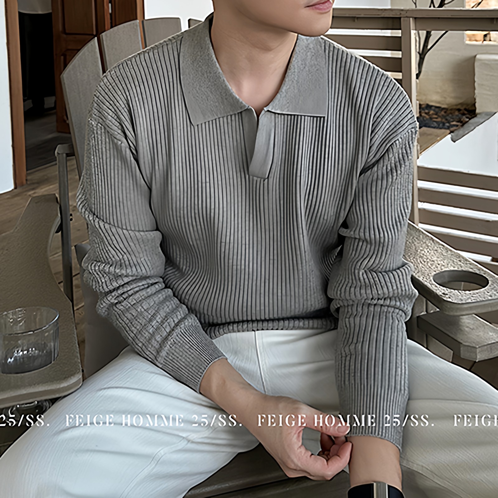 男士轻奢极简风翻领针织衫polo衫男灰色坑条纹长袖高级感翻领毛衣