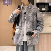 新款 美式 男秋季 印花衬衫 潮流设计感小众情侣休闲上衣 复古长袖