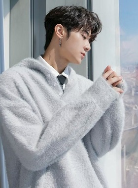 新款毛衣男灰色仿水貂毛翻领毛衣男女oversize复古加厚慵懒风外套