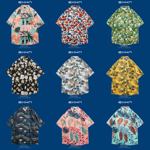 港风vintage短袖印花衬衫男情侣夏季复古潮牌夏威夷宽松百搭衬衣
