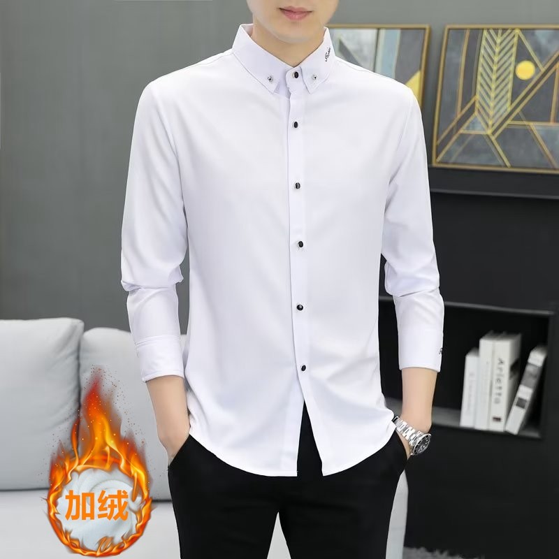 男士加绒加厚衬衫冬季商务休闲保暖衬衣青年刺绣正装免烫加棉上衣