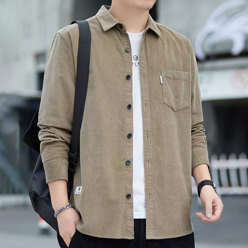 男士衬衫灯芯绒长袖休闲工装衬衣宽松男装外套中青年上班商务休闲