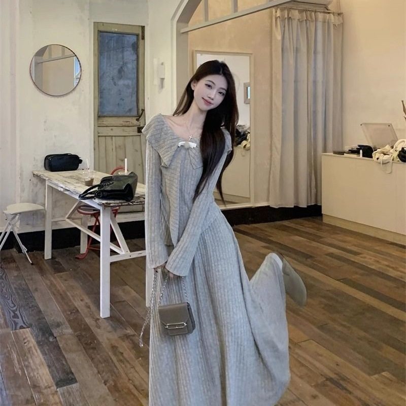 甜美时尚套装设计感不规则针织毛衣高腰半身长裙春秋女两件套