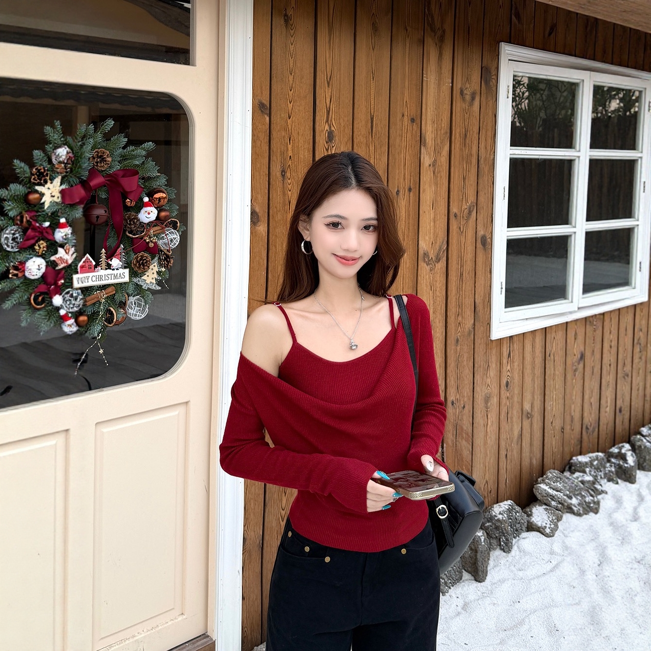 圣诞穿搭红色荡领长袖针织衫女冬季氛围感套装辣妹吊带背心两件套