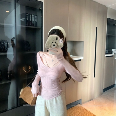 设计感柔软U领收腰内搭针织衫弹力显瘦修身长袖打底衫秋冬女上衣