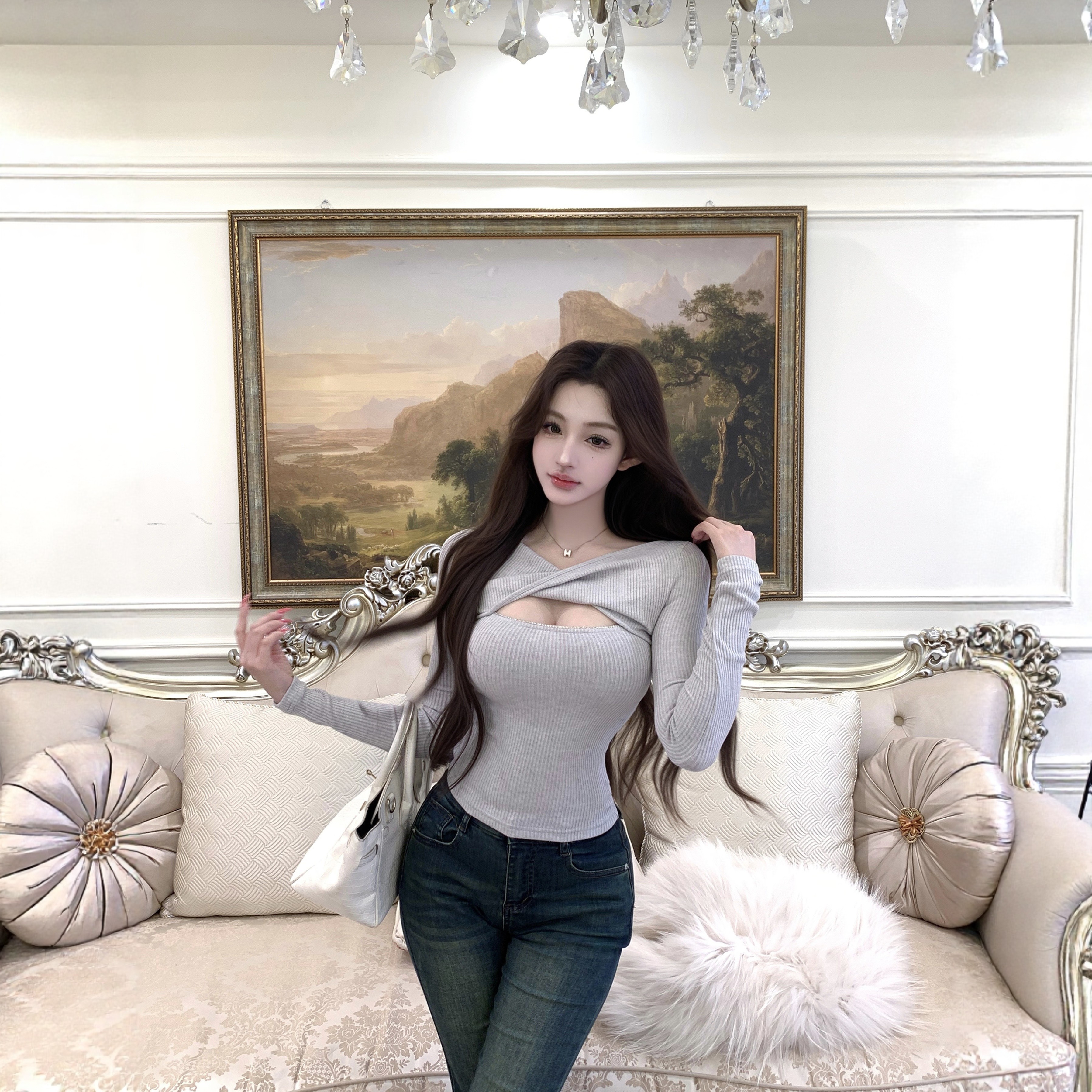 纯欲风镂空灰色长袖针织T恤女冬季收腰修身打底衫设计感内搭上衣